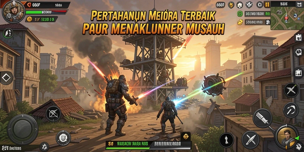 Gameplay seru dari 666F menunjukkan berbagai menara pertahanan melawan musuh.