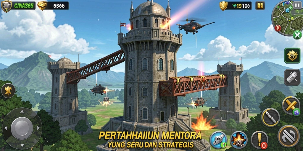 Screenshot gameplay CINA365 menunjukkan momen mendebarkan pertahanan menara.