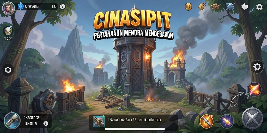 Tangkapan layar menampilkan gameplay menara pertahanan yang intens.