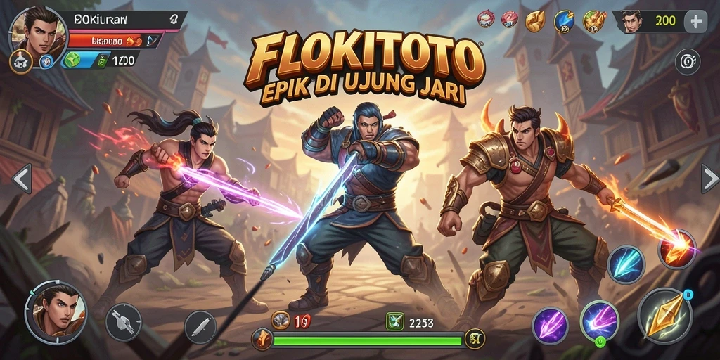 Screenshot gameplay pertarungan epik FLOKITOTO dengan karakter yang beraksi.