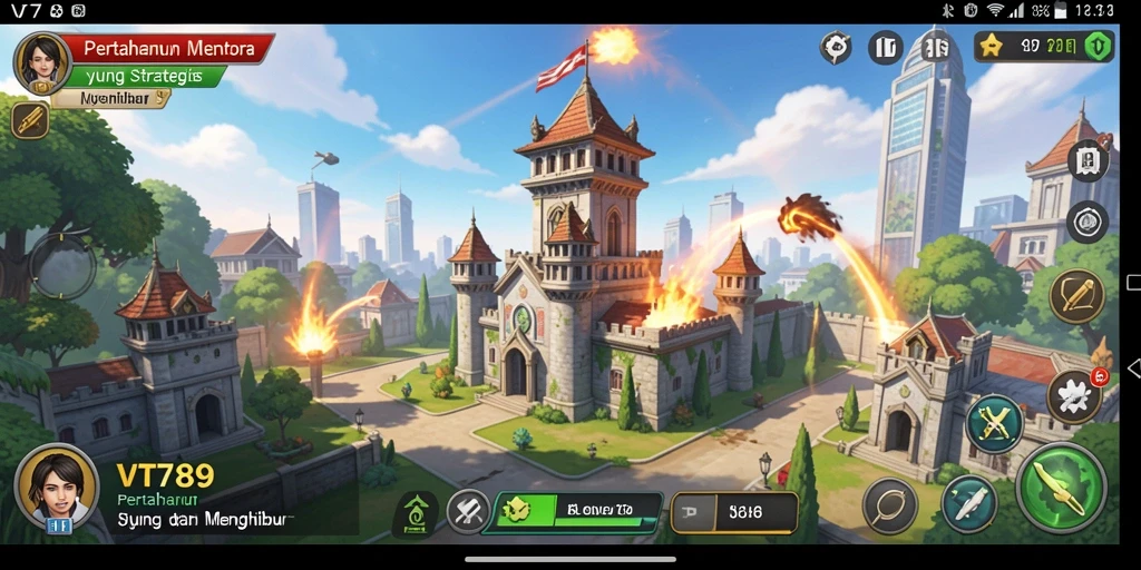 Tangkapan layar menunjukkan gameplay menara pertahanan yang intens dan strategis di VT789.
